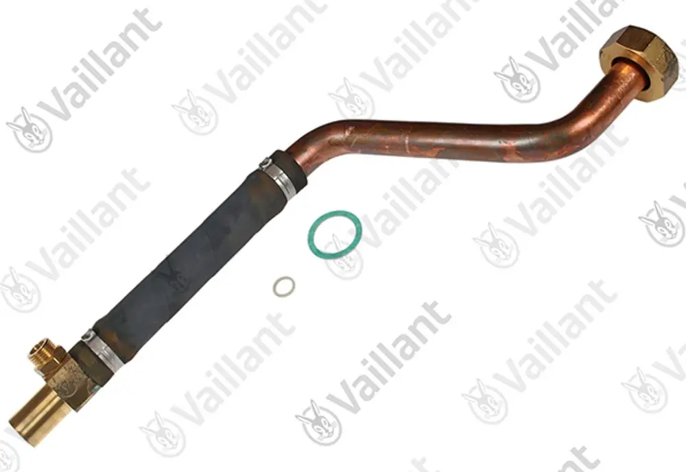 Vaillant Rohr mit gebogenem Kupferrohr und Gummibeschichtung, ausgestattet mit verschiedenen Dichtungen und Anschluss.